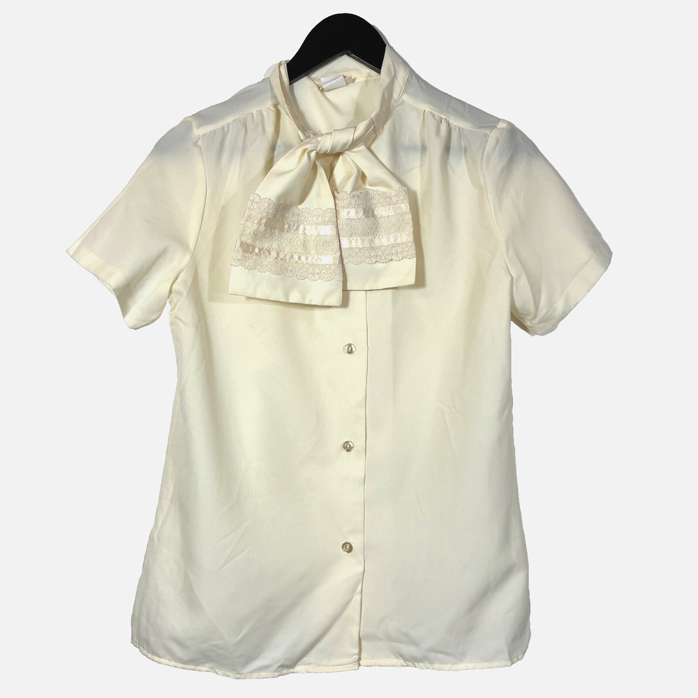 Sears White Romantic Tie Neck Blouse Size 10 Cream Short Sleeve Buttons 1970s
